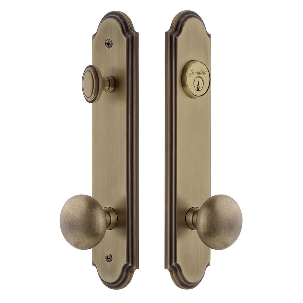 Grandeur Arc Tall Plate Handleset with Fifth Avenue Knob in Vintage Brass