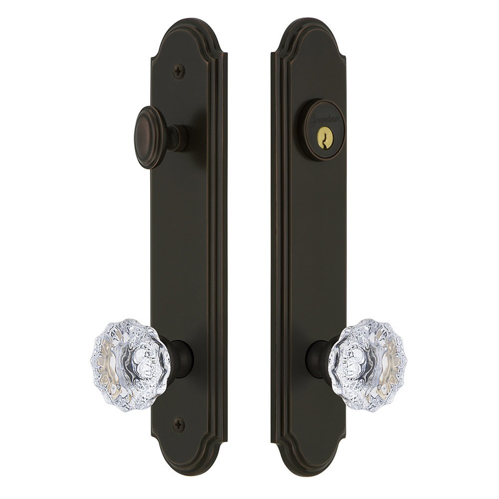 Grandeur Arc Tall Plate Handleset with Fontainebleau Knob in Timeless Bronze