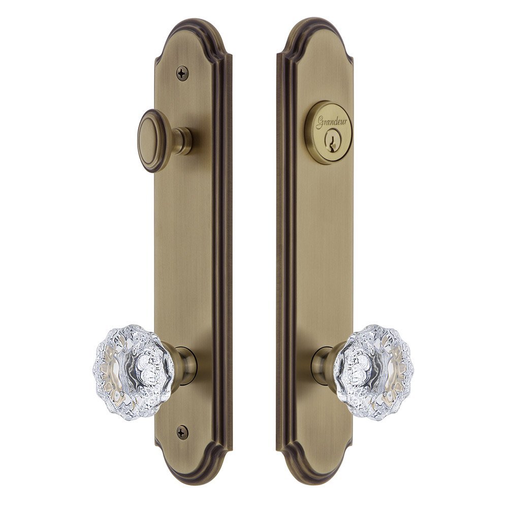 Grandeur Arc Tall Plate Handleset with Fontainebleau Knob in Vintage Brass