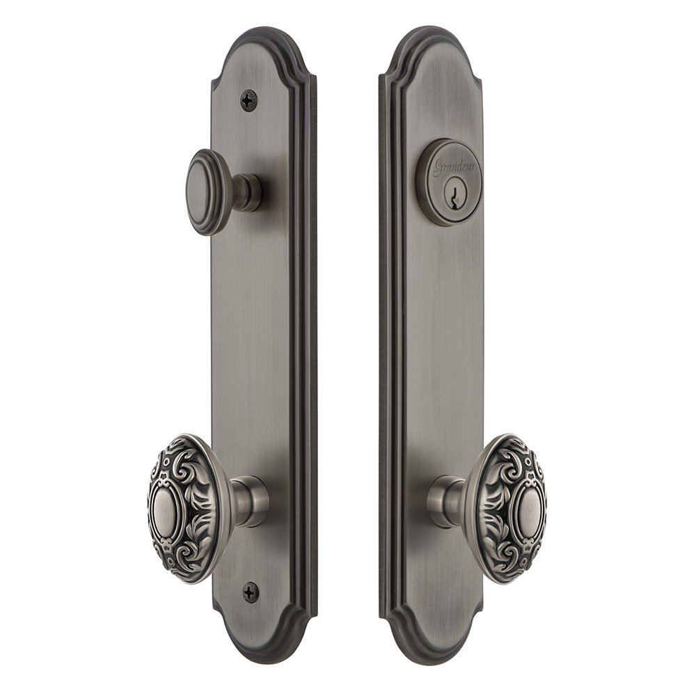 Grandeur Arc Tall Plate Handleset with Grande Victorian Knob in Antique Pewter
