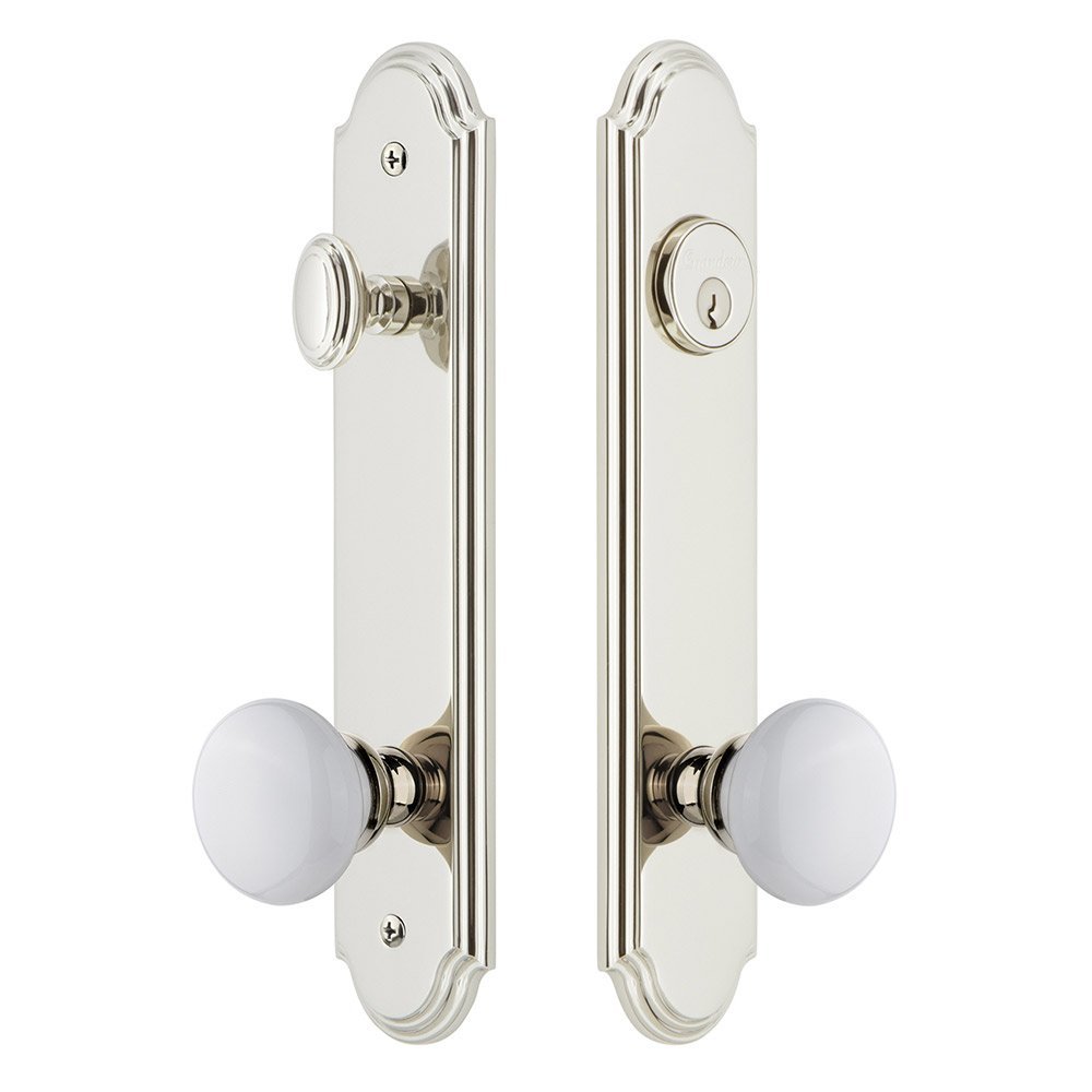 Grandeur Arc Tall Plate Handleset with Hyde Park Knob in Polished Nickel
