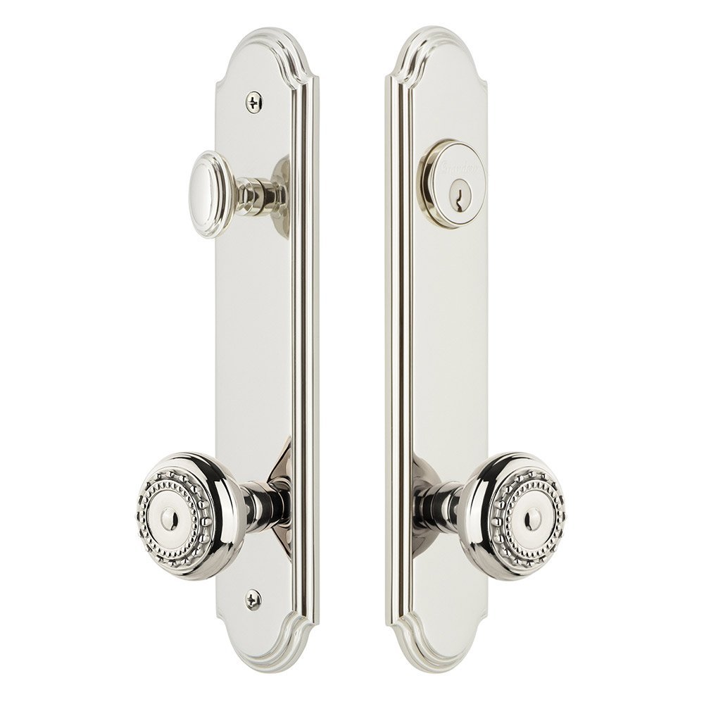 Grandeur Arc Tall Plate Handleset with Parthenon Knob in Polished Nickel