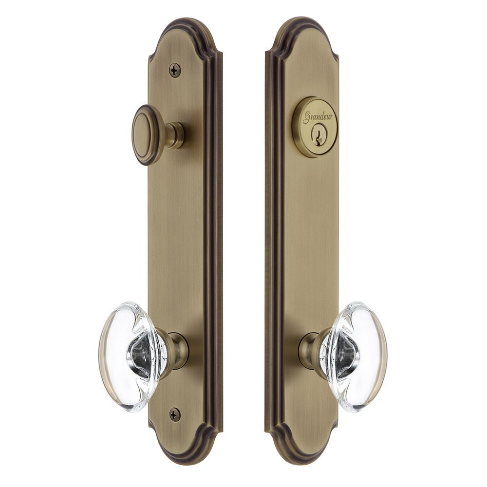 Grandeur Arc Tall Plate Handleset with Provence Knob in Vintage Brass