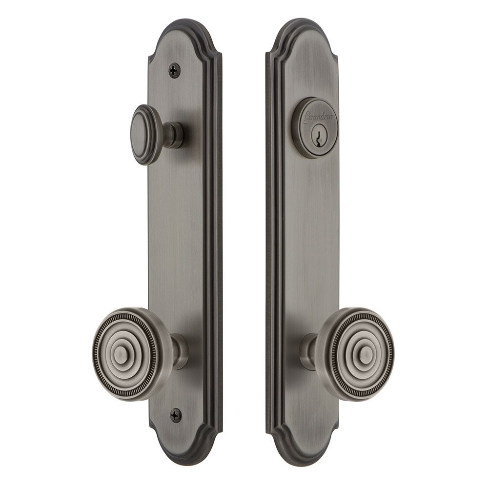 Grandeur Arc Tall Plate Handleset with Soleil Knob in Antique Pewter