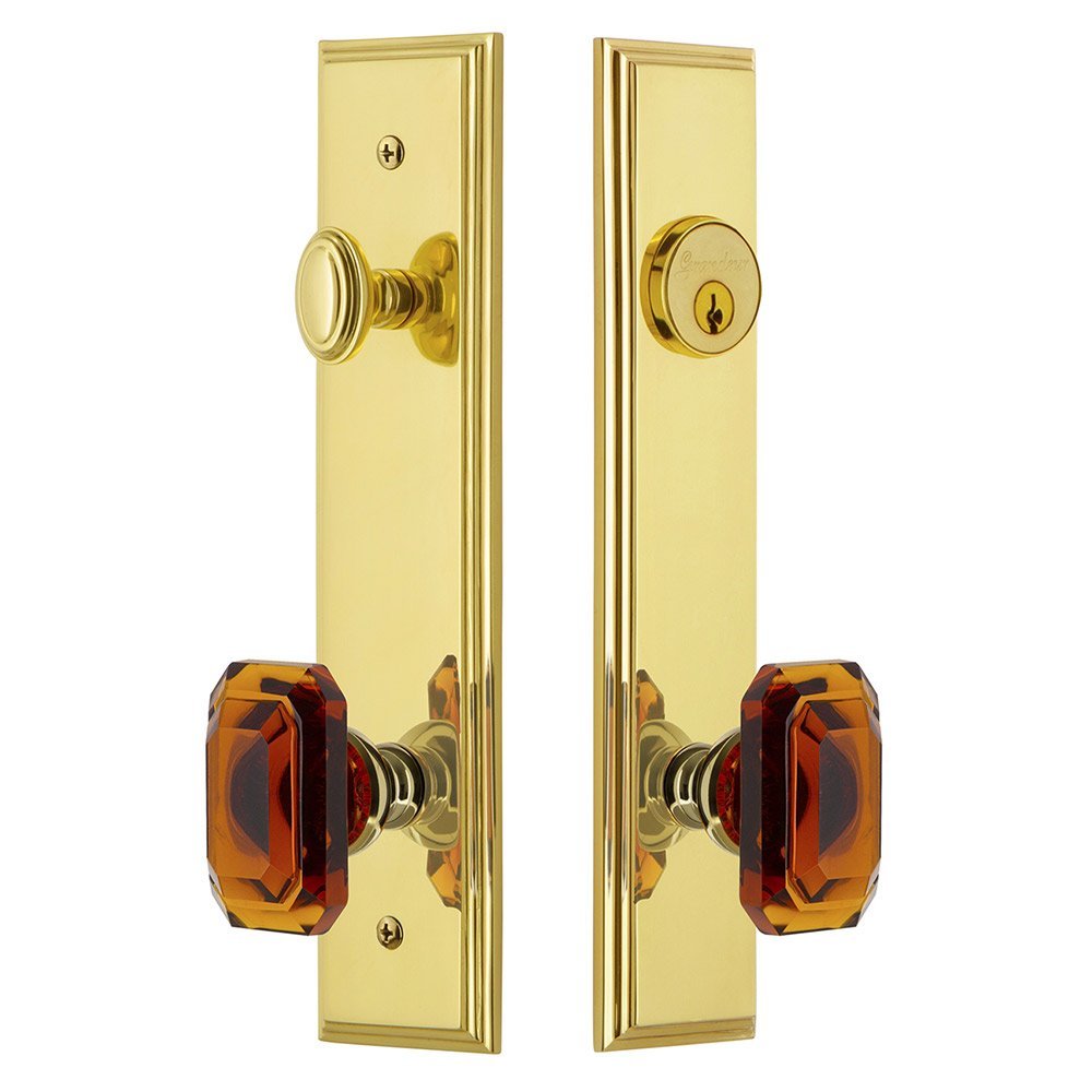 Grandeur Tall Plate Handleset with Baguette Amber Knob in Lifetime Brass