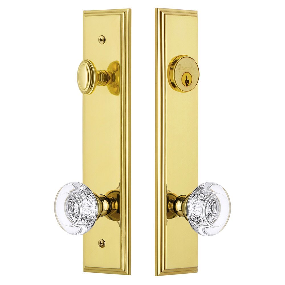 Grandeur Tall Plate Handleset with Bordeaux Knob in Lifetime Brass