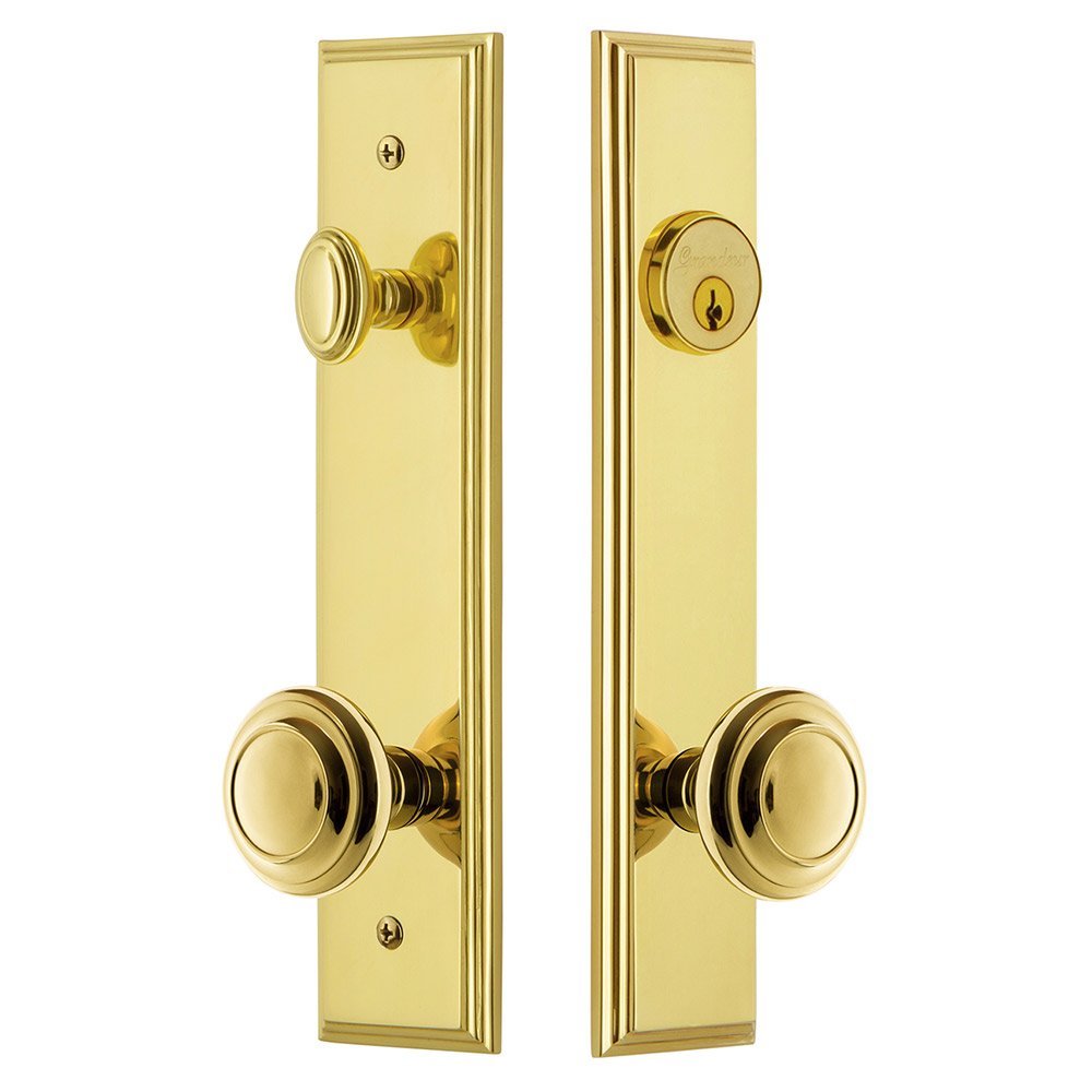 Grandeur Tall Plate Handleset with Circulaire Knob in Lifetime Brass
