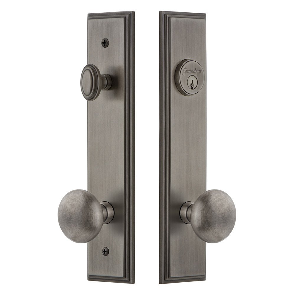 Grandeur Tall Plate Handleset with Fifth Avenue Knob in Antique Pewter