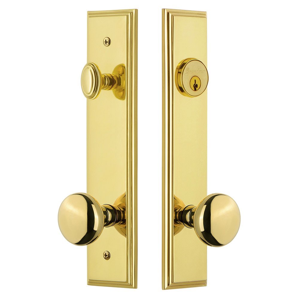 Grandeur Tall Plate Handleset with Fifth Avenue Knob in Lifetime Brass