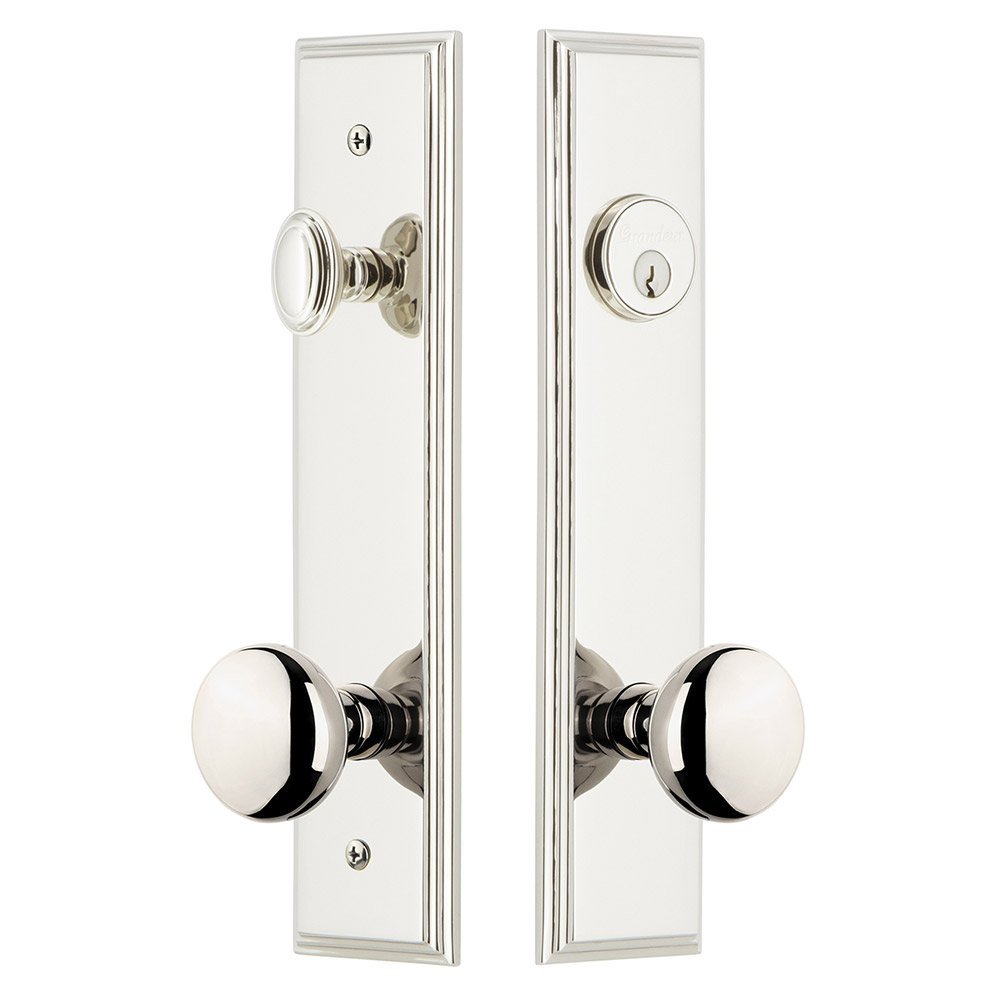 Grandeur Tall Plate Handleset with Fifth Avenue Knob in Polished Nickel
