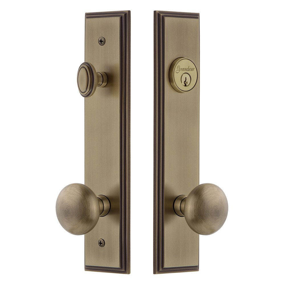 Grandeur Tall Plate Handleset with Fifth Avenue Knob in Vintage Brass