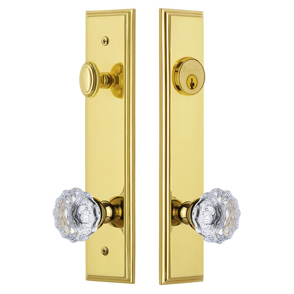 Grandeur Tall Plate Handleset with Fontainebleau Knob in Lifetime Brass