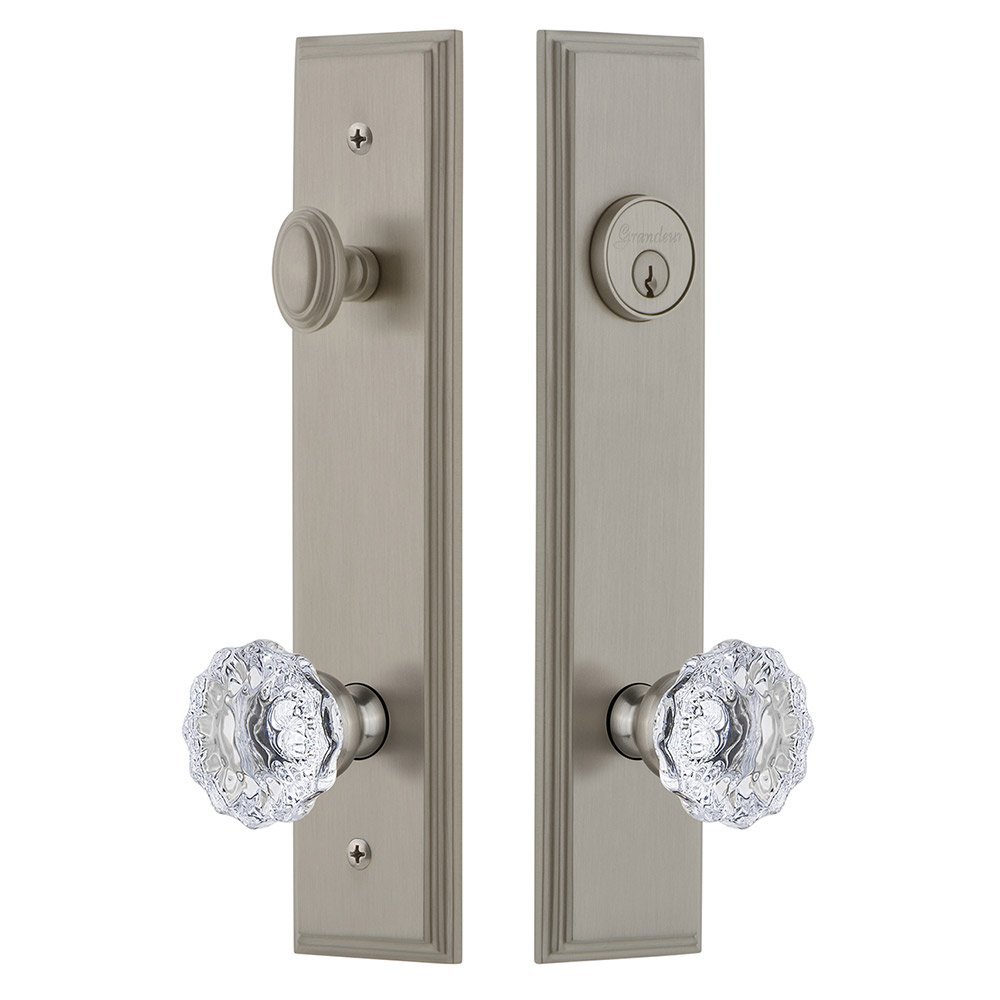 Grandeur Tall Plate Handleset with Fontainebleau Knob in Satin Nickel