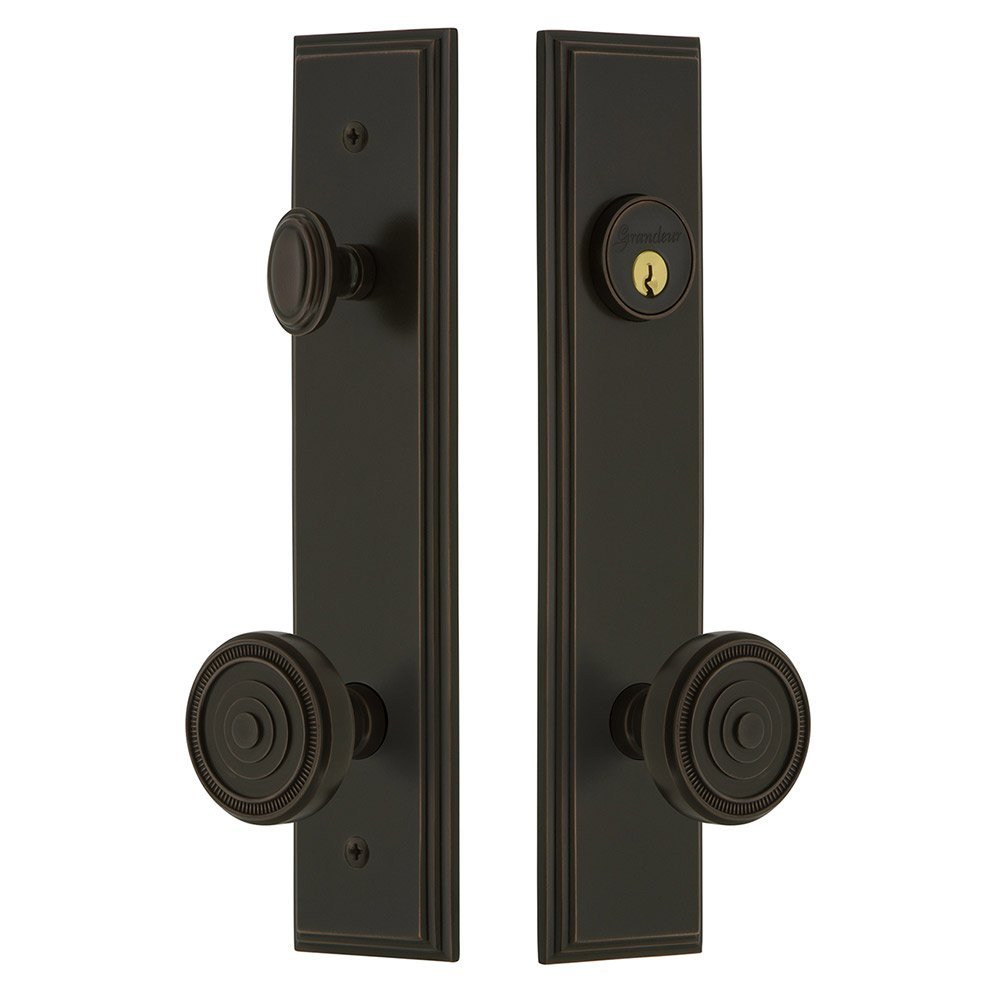 Grandeur Tall Plate Handleset with Soleil Knob in Timeless Bronze