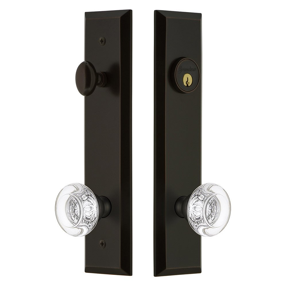Grandeur Tall Plate Handleset with Bordeaux Knob in Timeless Bronze