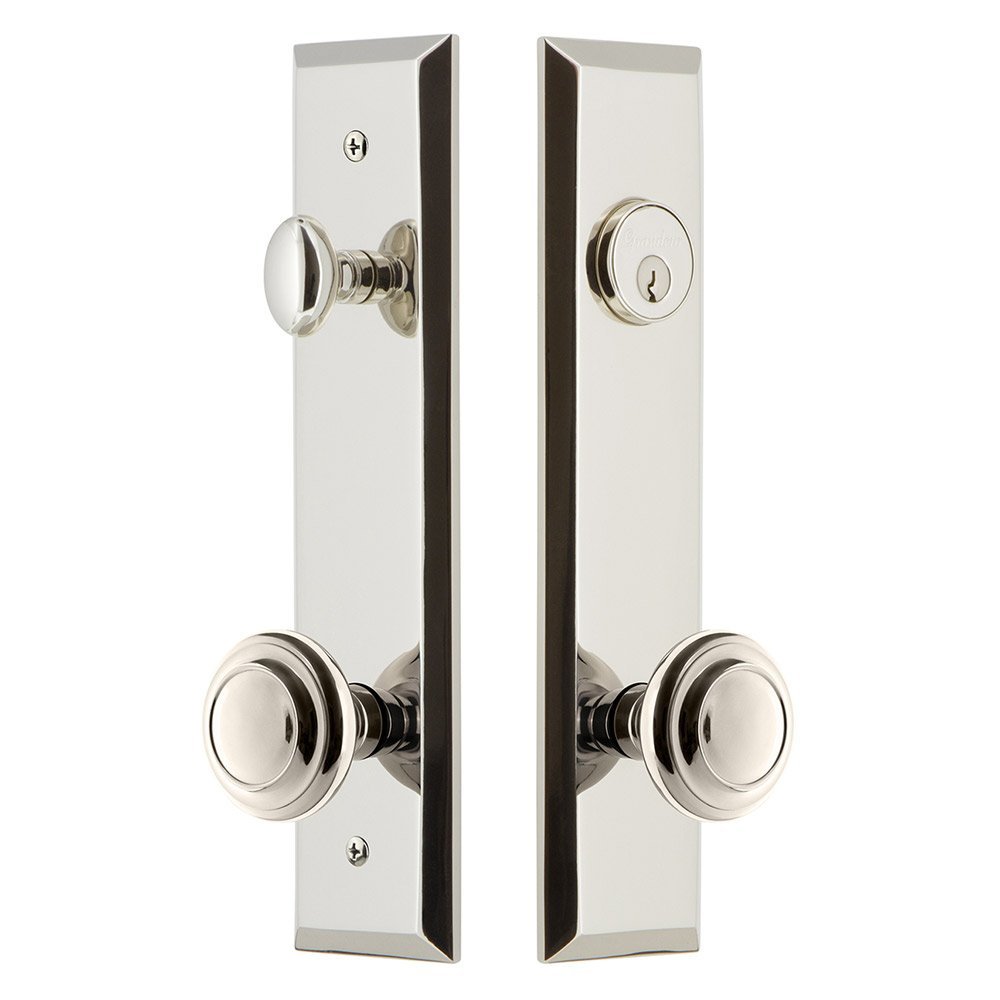 Grandeur Tall Plate Handleset with Circulaire Knob in Polished Nickel