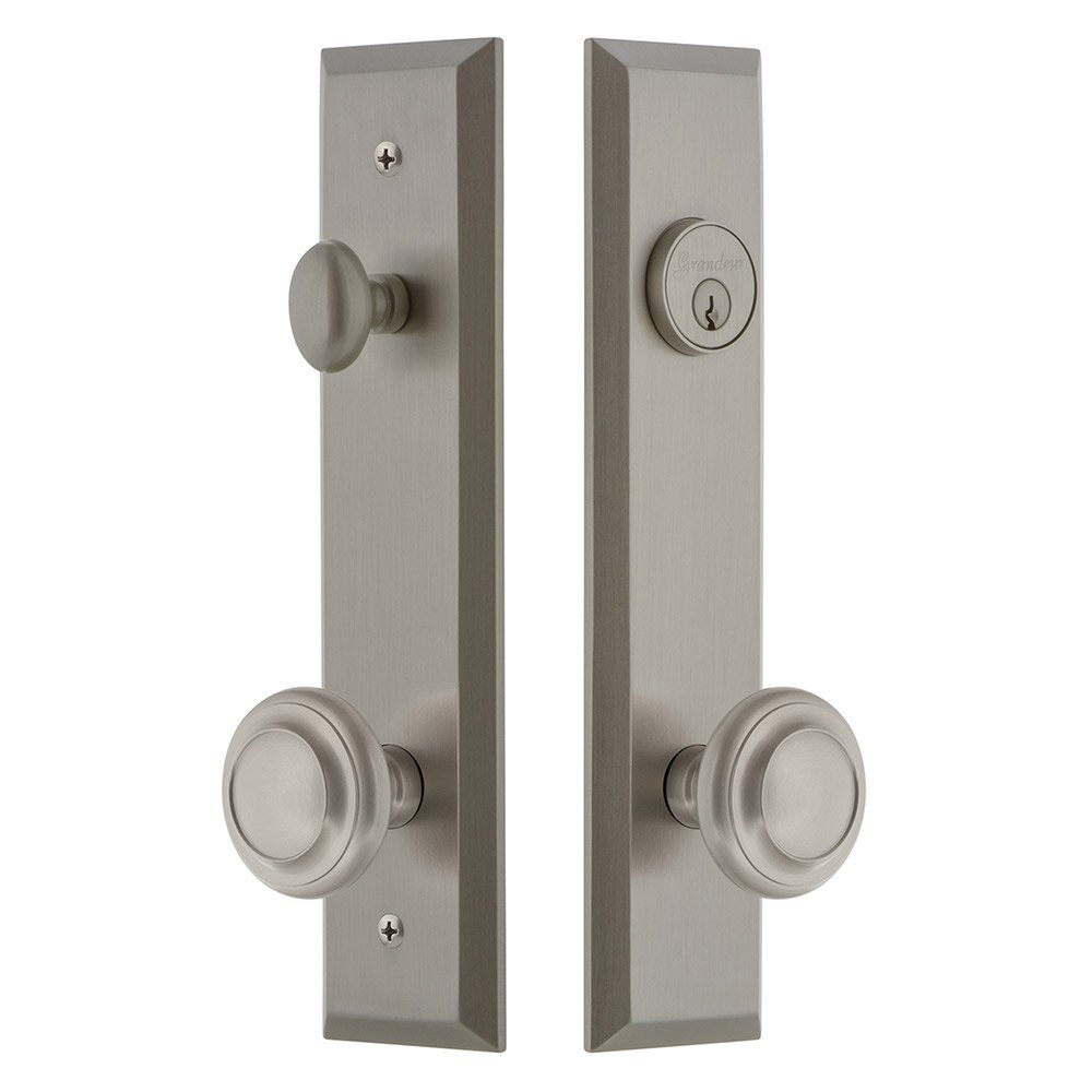 Grandeur Tall Plate Handleset with Circulaire Knob in Satin Nickel