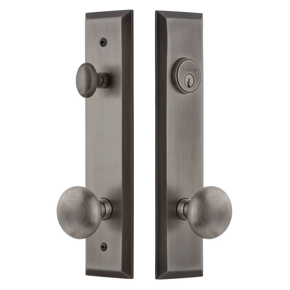Grandeur Tall Plate Handleset with Fifth Avenue Knob in Antique Pewter