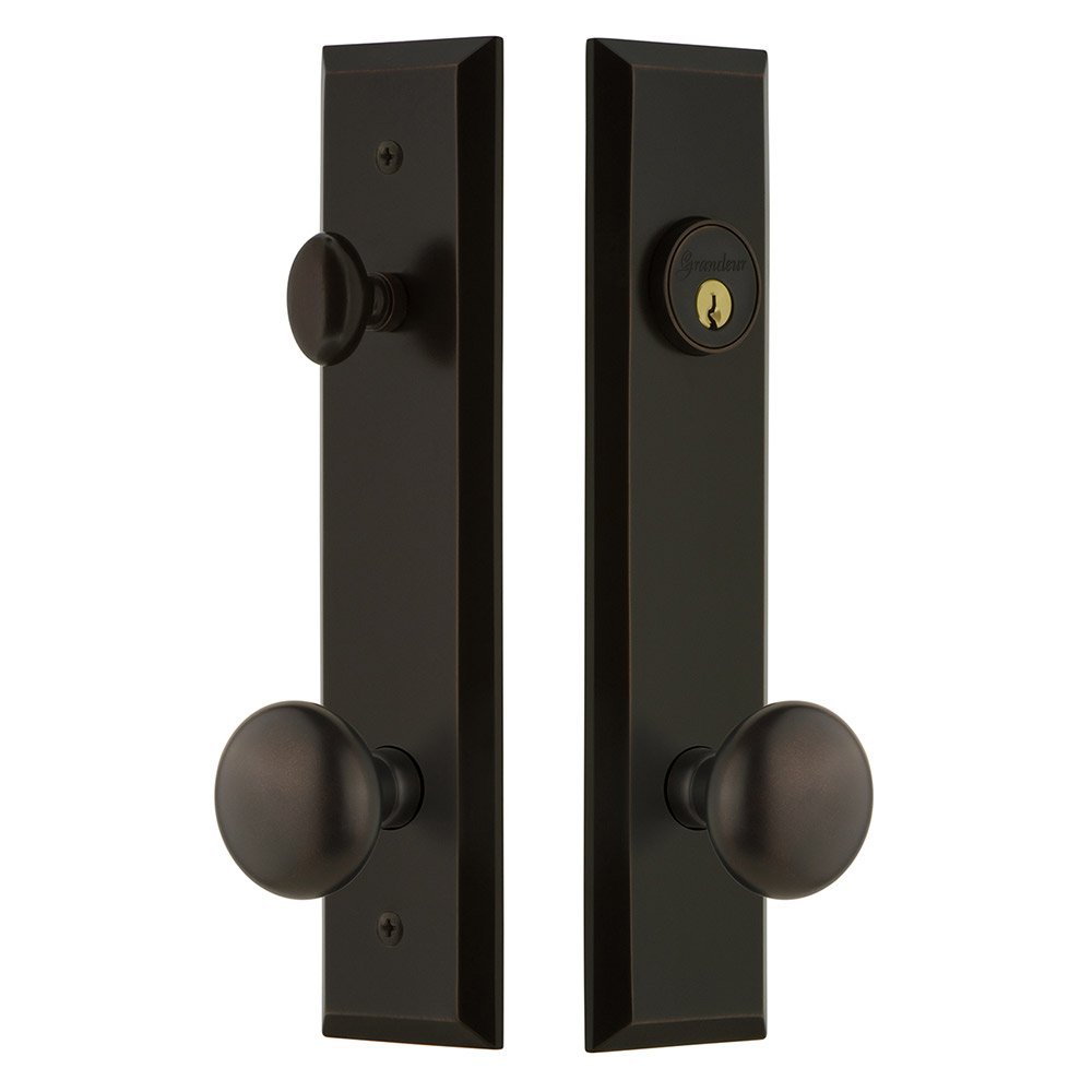Grandeur Tall Plate Handleset with Fifth Avenue Knob in Timeless Bronze