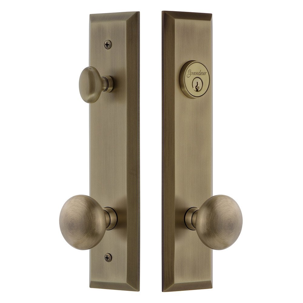 Grandeur Tall Plate Handleset with Fifth Avenue Knob in Vintage Brass