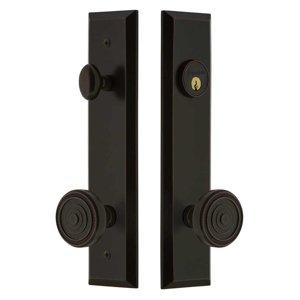 Grandeur Tall Plate Handleset with Soleil Knob in Timeless Bronze