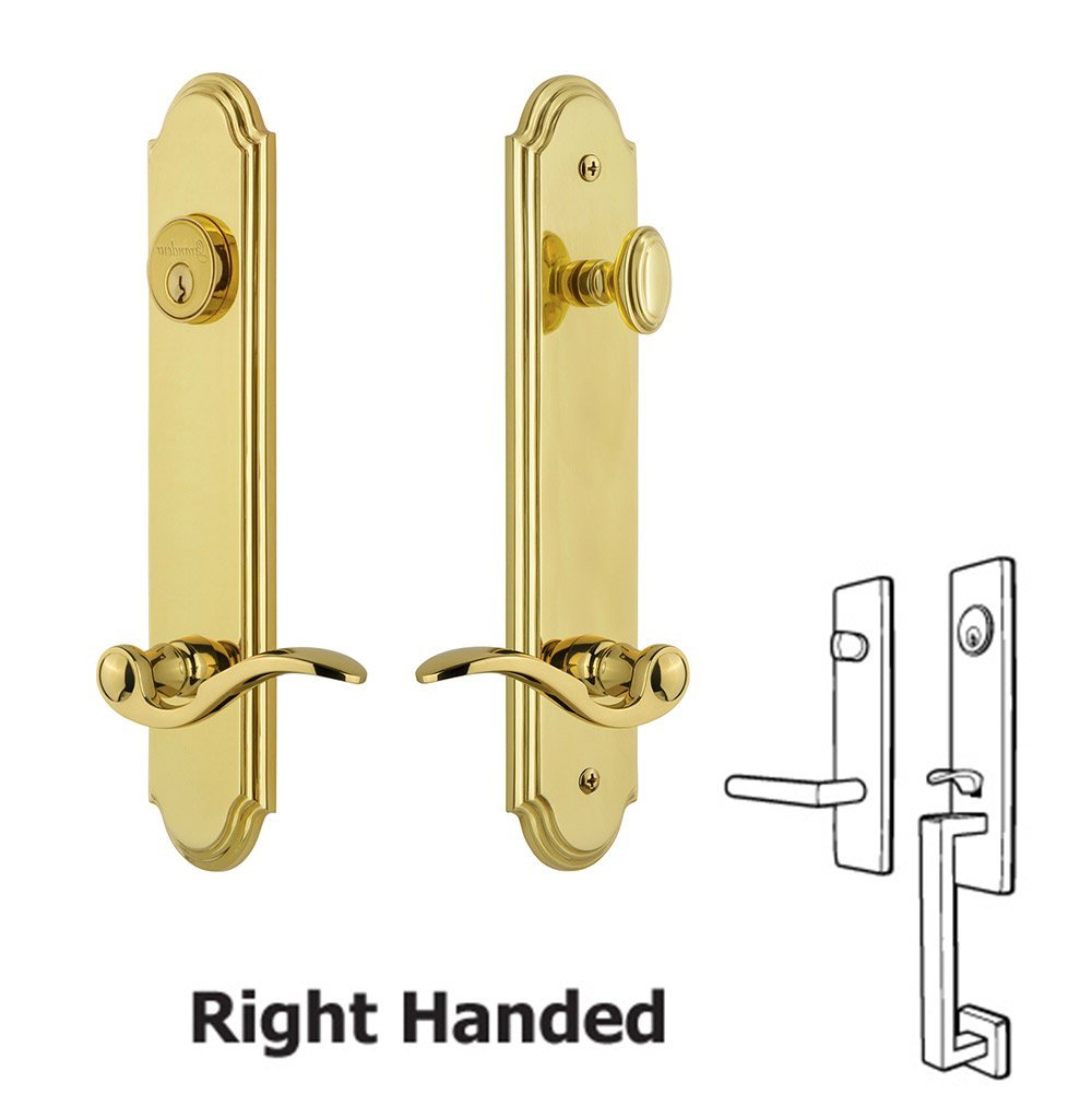 Grandeur Arc Tall Plate Handleset with Bellagio Right Handed Lever in Lifetime Brass