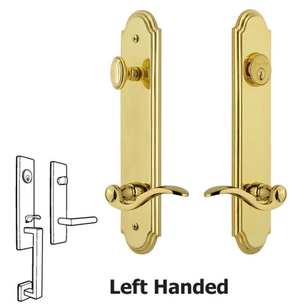 Grandeur Arc Tall Plate Handleset with Bellagio Left Handed Lever in Lifetime Brass