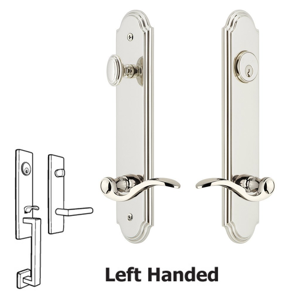 Grandeur Arc Tall Plate Handleset with Bellagio Left Handed Lever in Polished Nickel