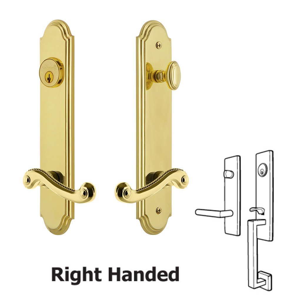 Grandeur Arc Tall Plate Handleset with Newport Right Handed Lever in Lifetime Brass