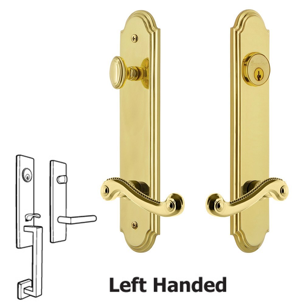 Grandeur Arc Tall Plate Handleset with Newport Left Handed Lever in Lifetime Brass