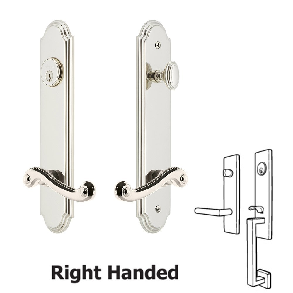 Grandeur Arc Tall Plate Handleset with Newport Right Handed Lever in Polished Nickel