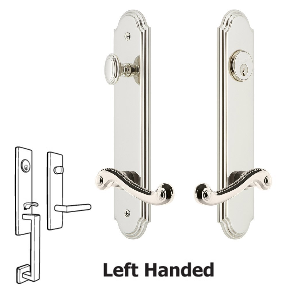 Grandeur Arc Tall Plate Handleset with Newport Left Handed Lever in Polished Nickel