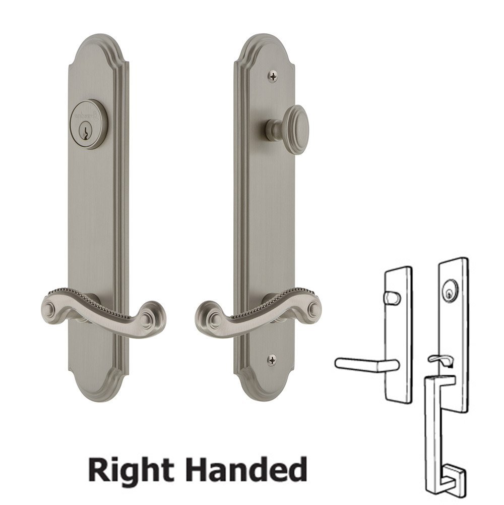 Grandeur Arc Tall Plate Handleset with Newport Right Handed Lever in Satin Nickel