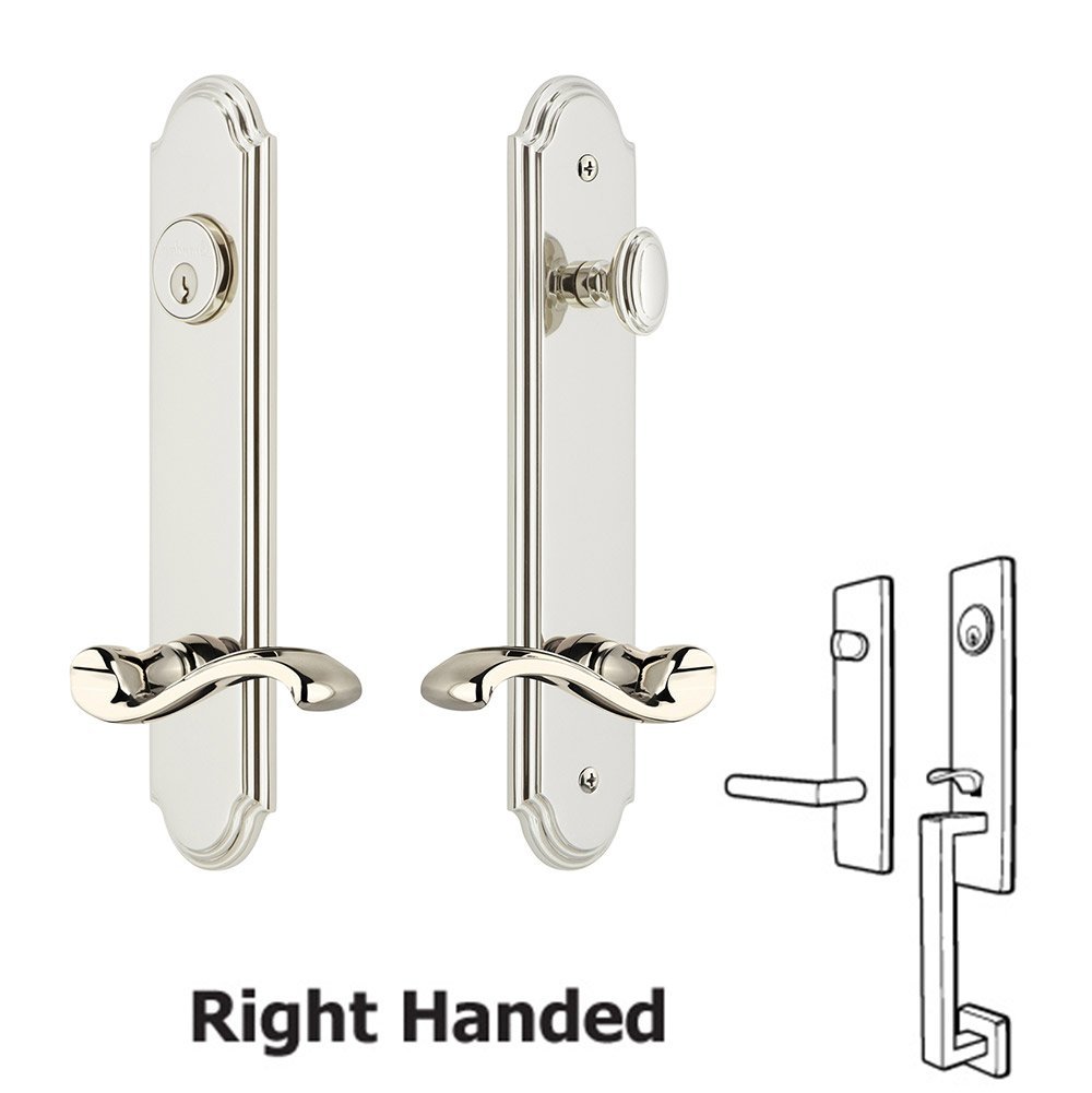 Grandeur Arc Tall Plate Handleset with Portofino Right Handed Lever in Polished Nickel