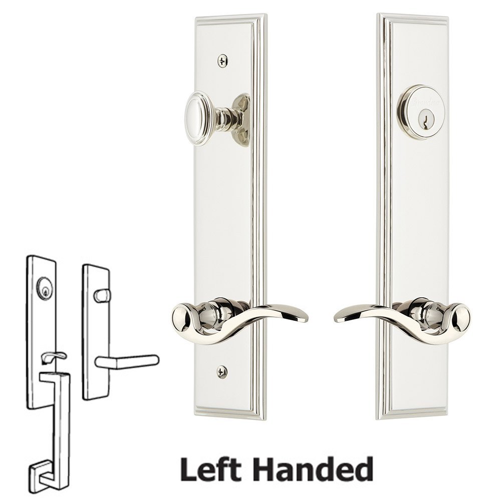 Grandeur Tall Plate Handleset with Bellagio Left Handed Lever in Polished Nickel