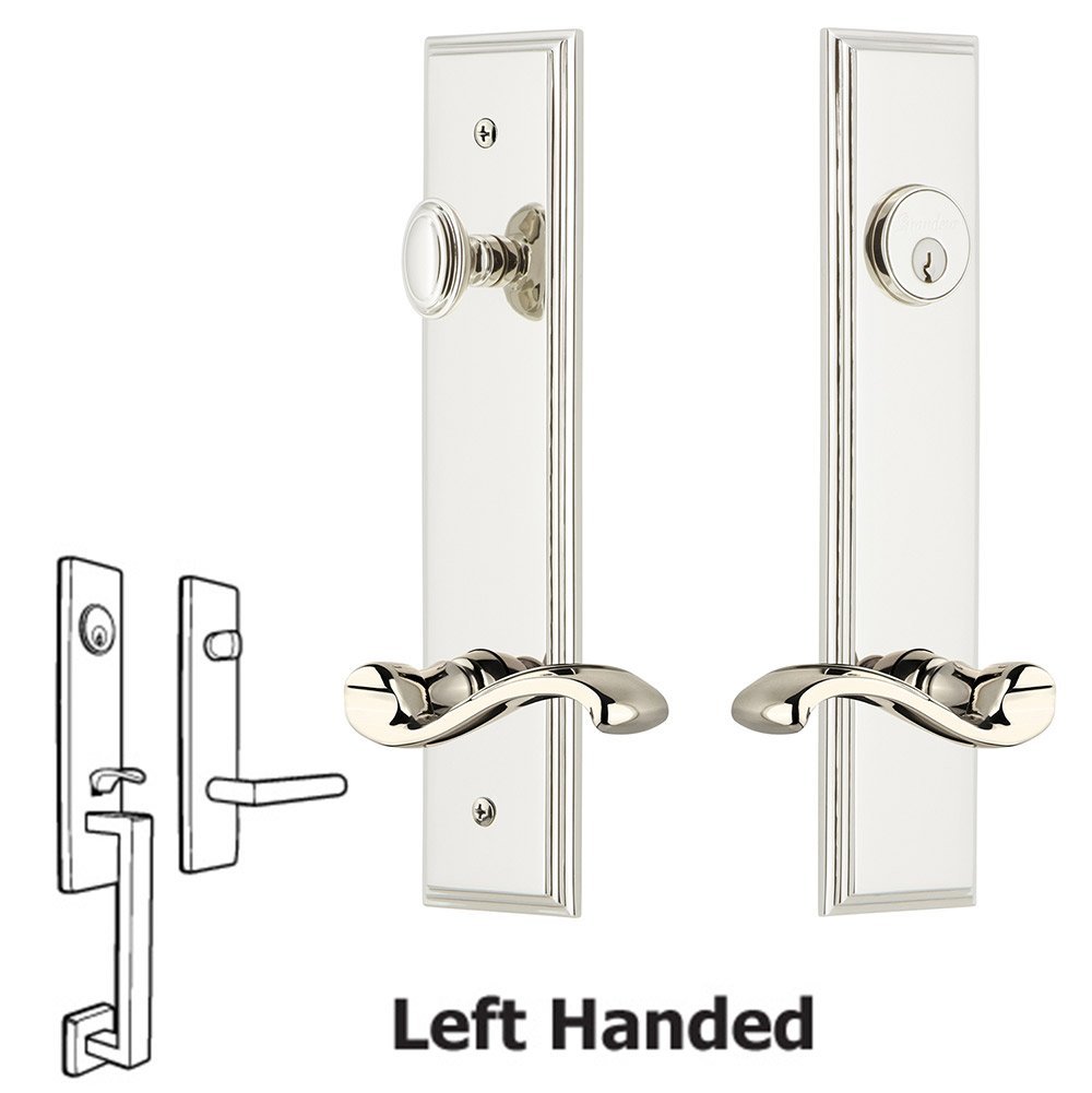 Grandeur Tall Plate Handleset with Portofino Left Handed Lever in Polished Nickel