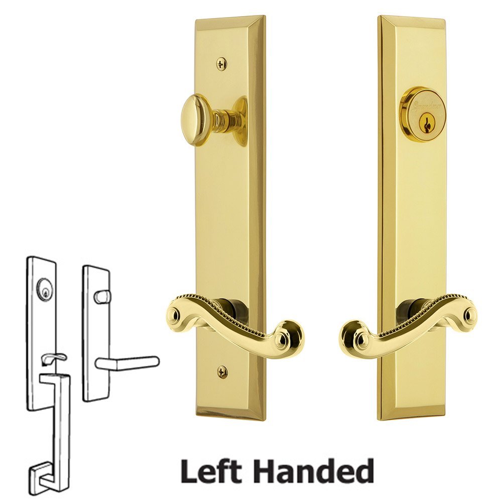 Grandeur Tall Plate Handleset with Newport Left Handed Lever in Lifetime Brass