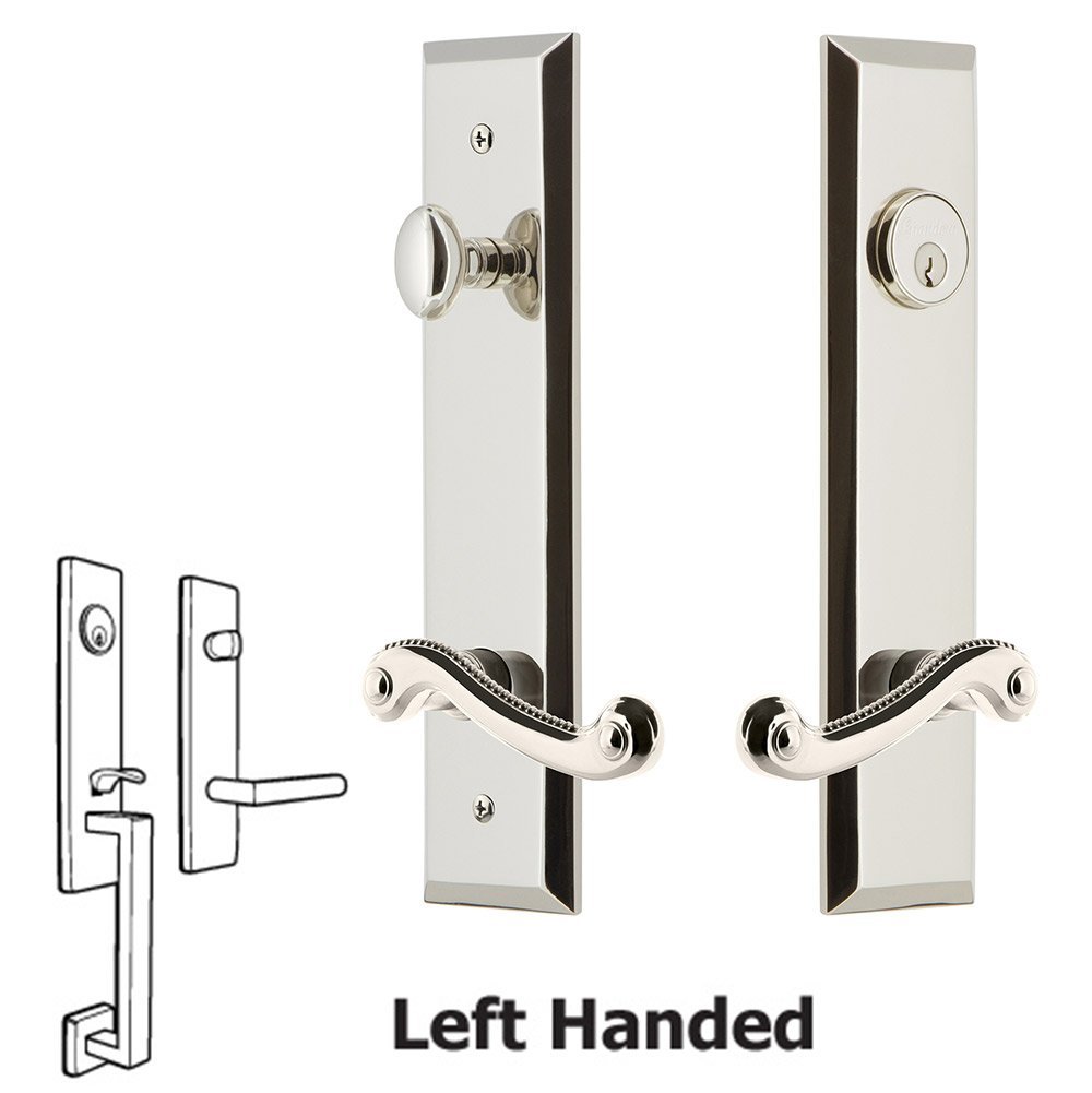 Grandeur Tall Plate Handleset with Newport Left Handed Lever in Polished Nickel