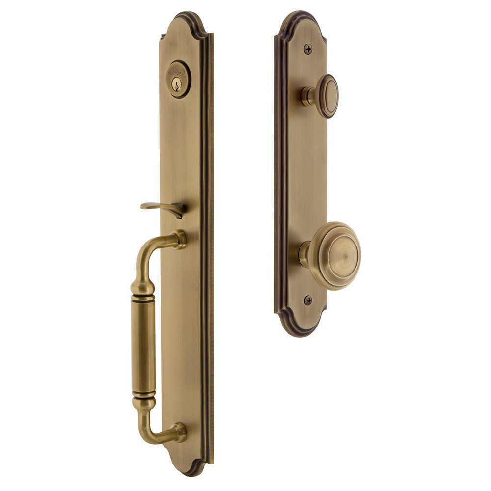 Grandeur Arc One-Piece Handleset with C Grip and Circulaire Knob in Vintage Brass