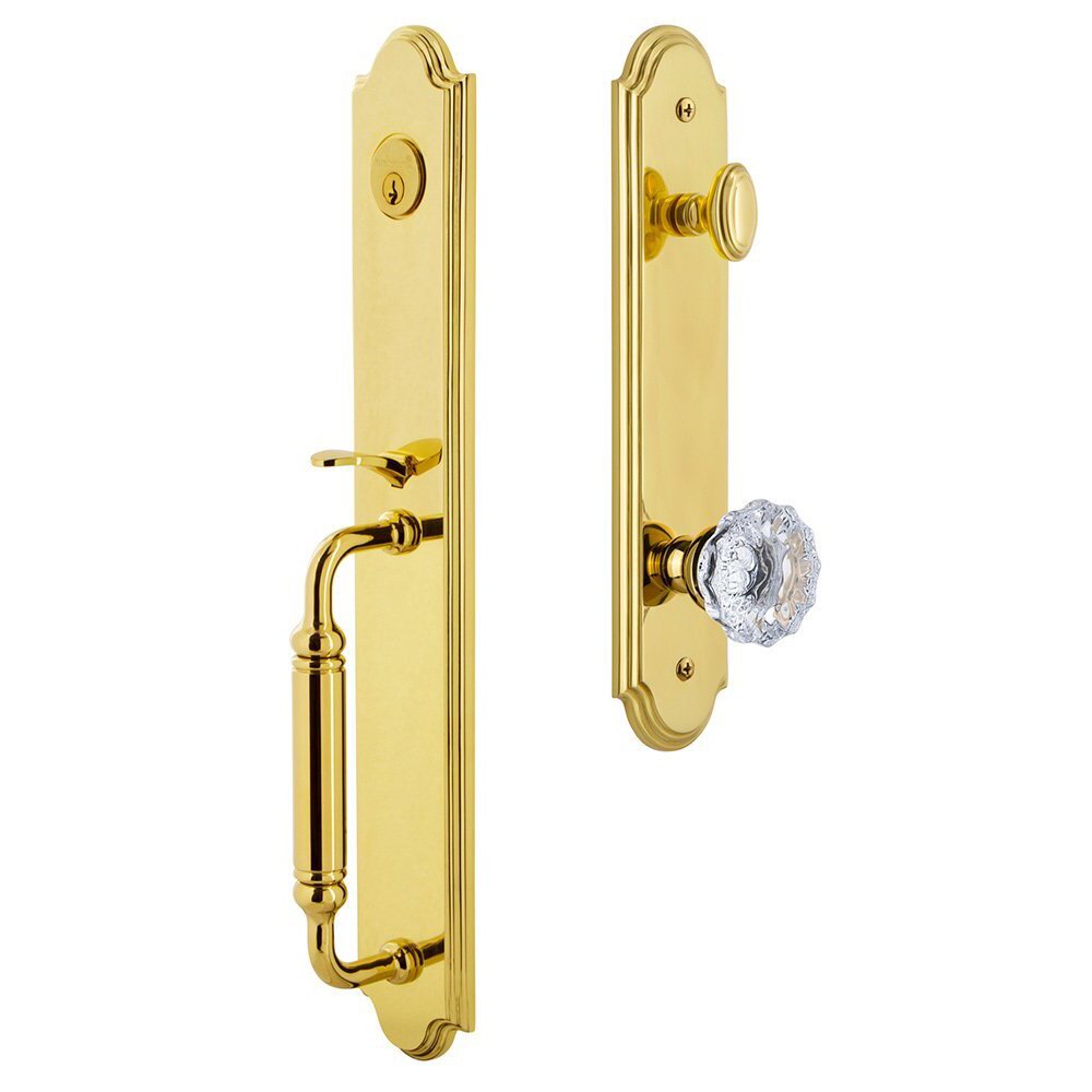 Grandeur Arc One-Piece Handleset with C Grip and Fontainebleau Knob in Lifetime Brass