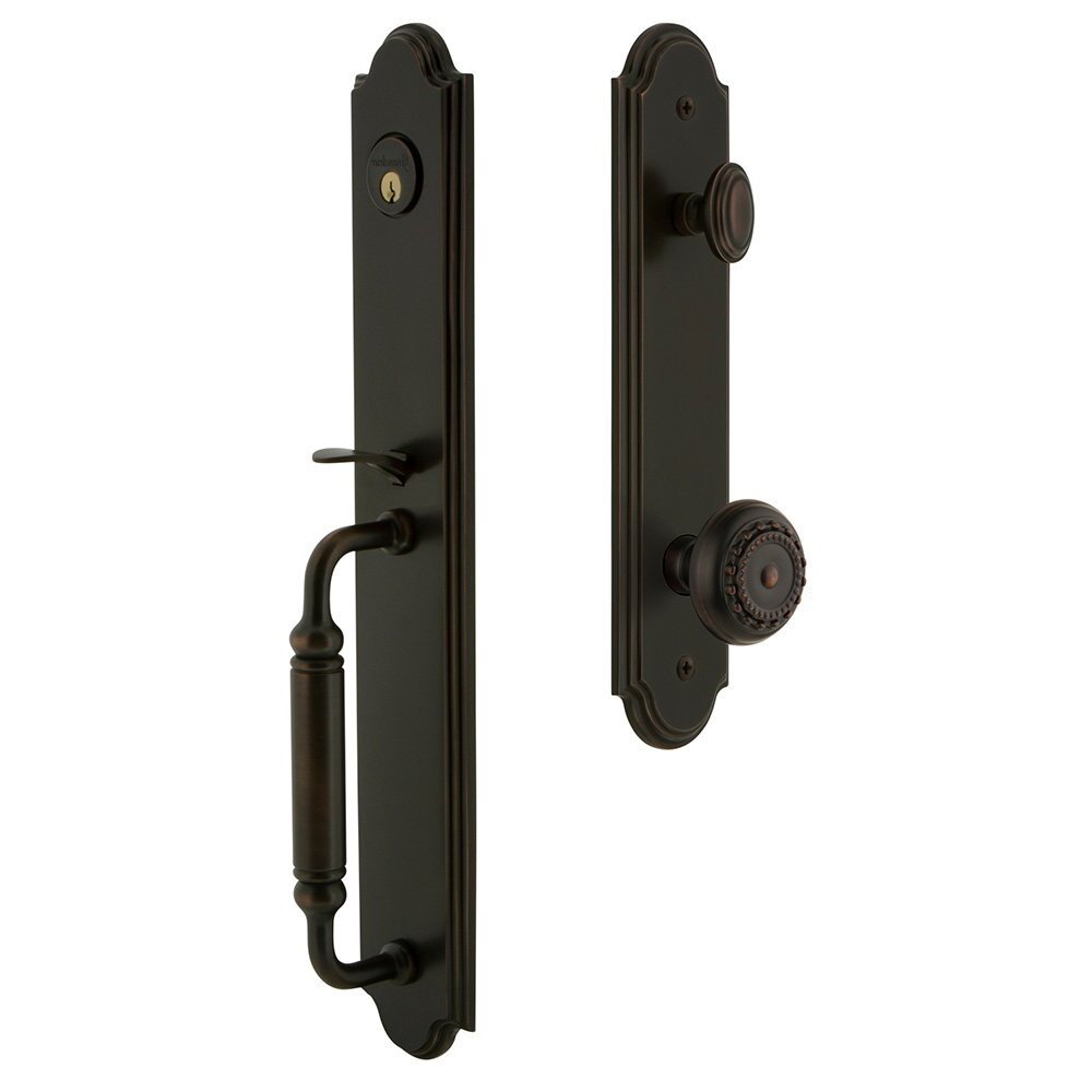 Grandeur Arc One-Piece Handleset with C Grip and Parthenon Knob in Timeless Bronze