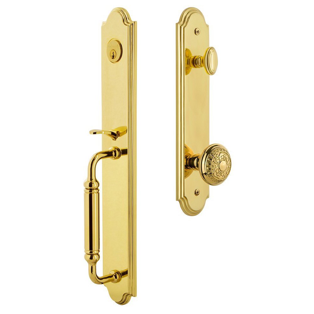 Grandeur Arc One-Piece Handleset with C Grip and Windsor Knob in Lifetime Brass
