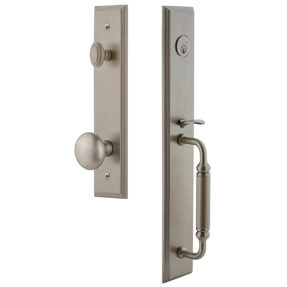 Grandeur One-Piece Handleset with C Grip and Fifth Avenue Knob in Satin Nickel