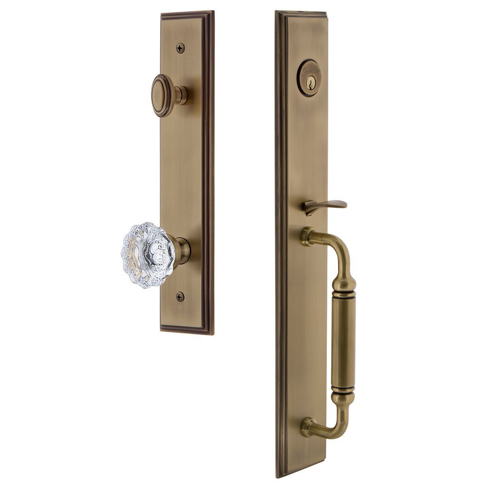 Grandeur One-Piece Handleset with C Grip and Fontainebleau Knob in Vintage Brass