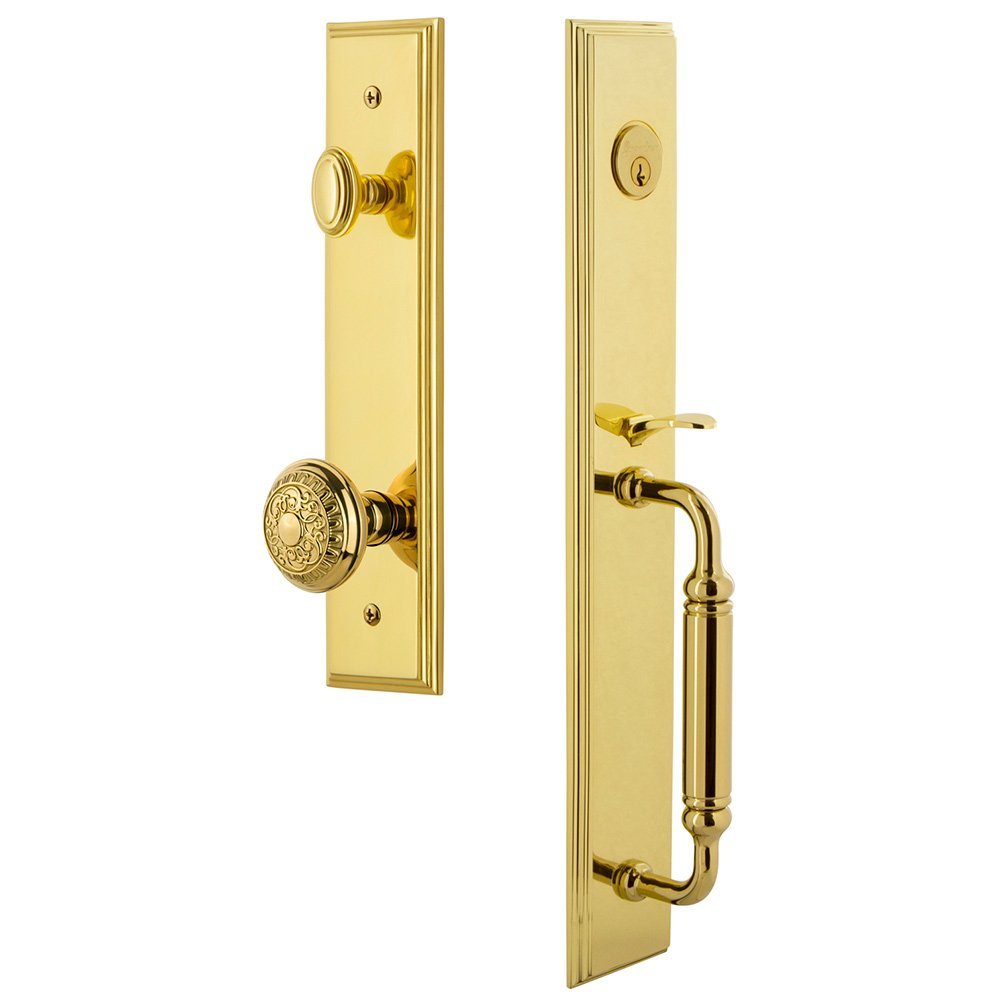 Grandeur One-Piece Handleset with C Grip and Windsor Knob in Lifetime Brass