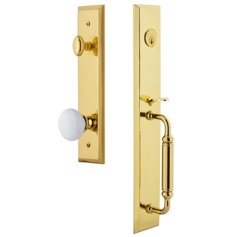 Grandeur One-Piece Handleset with C Grip and Hyde Park Knob in Lifetime Brass