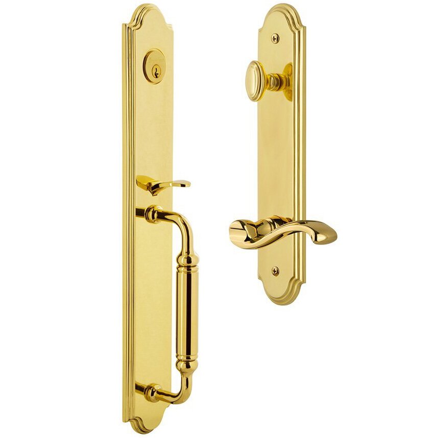 Grandeur Arc One-Piece Handleset with C Grip and Portofino Left Handed Lever in Lifetime Brass