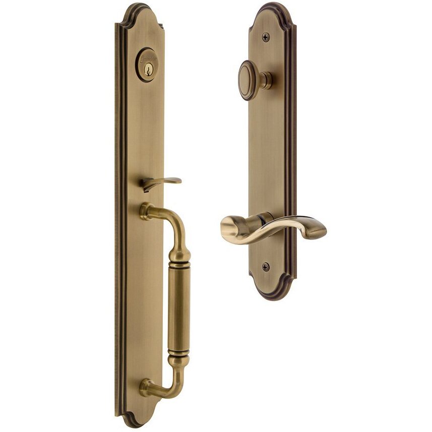 Grandeur Arc One-Piece Handleset with C Grip and Portofino Left Handed Lever in Vintage Brass