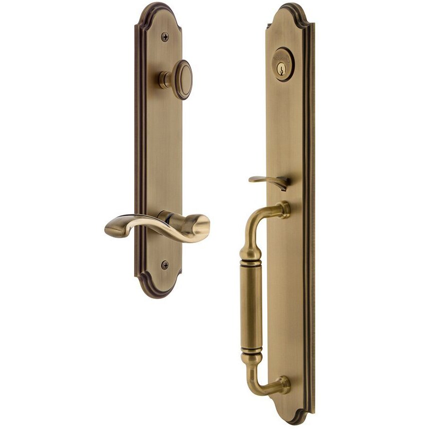 Grandeur Arc One-Piece Handleset with C Grip and Portofino Right Handed Lever in Vintage Brass