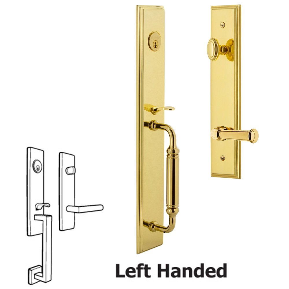 Grandeur One-Piece Handleset with C Grip and Georgetown Left Handed Lever in Lifetime Brass